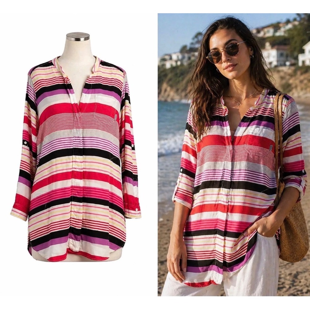 DKNY Preppy Cottage Striped Tunic Top Shirt Pink Purple Oversized Vintage 90s